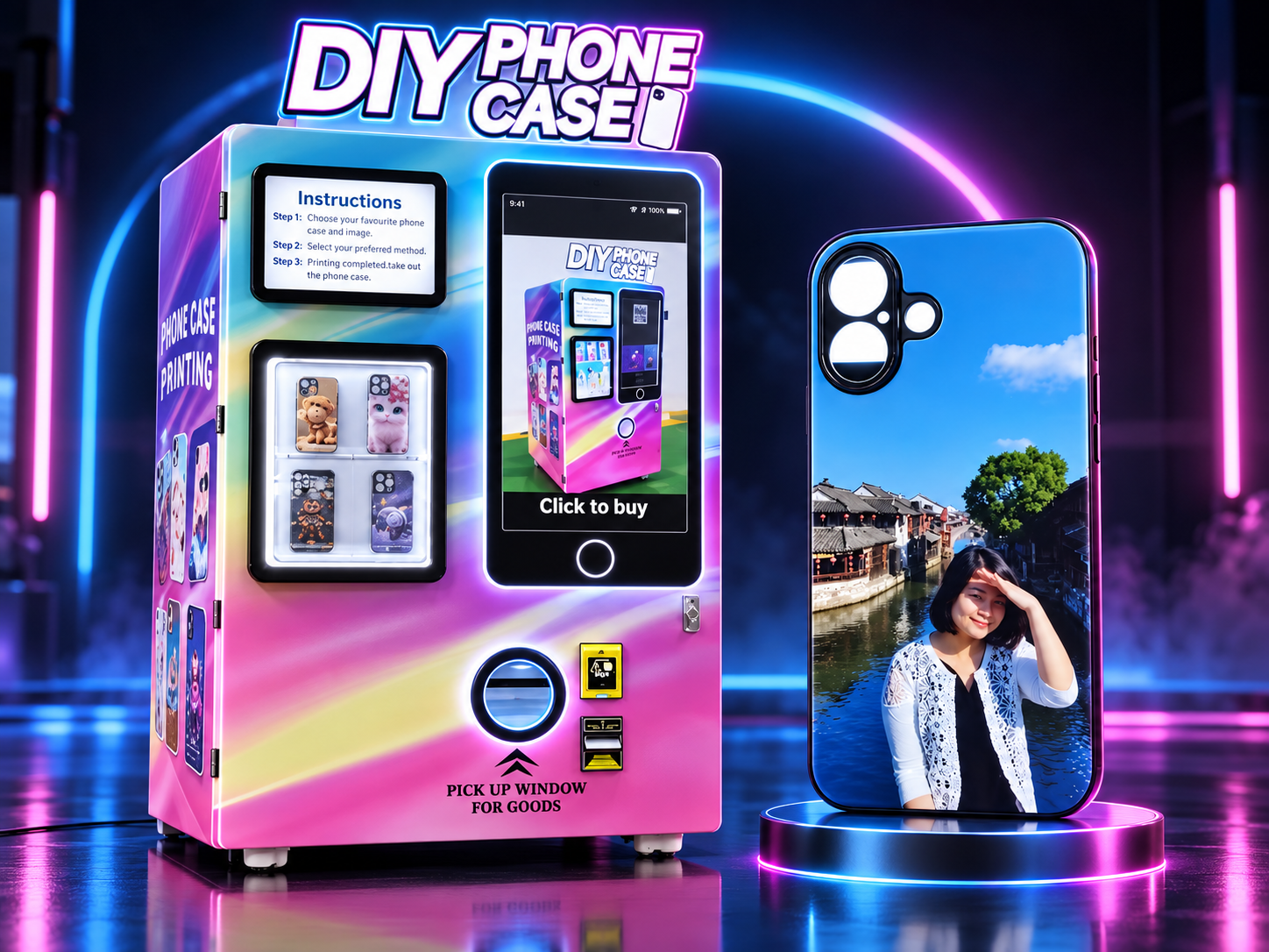 Illuminated DIY Phone Case vending machine with a blue personalised phone case featuring a customer photograph